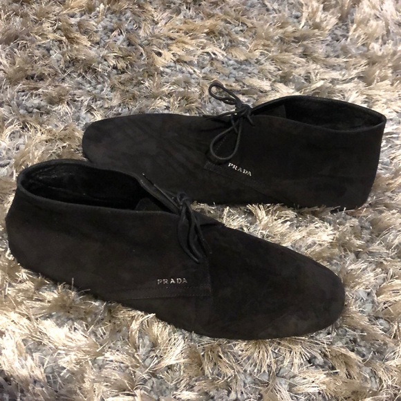 Prada Authentic Suede Black Lace Up Flat Booties - Picture 2 of 8